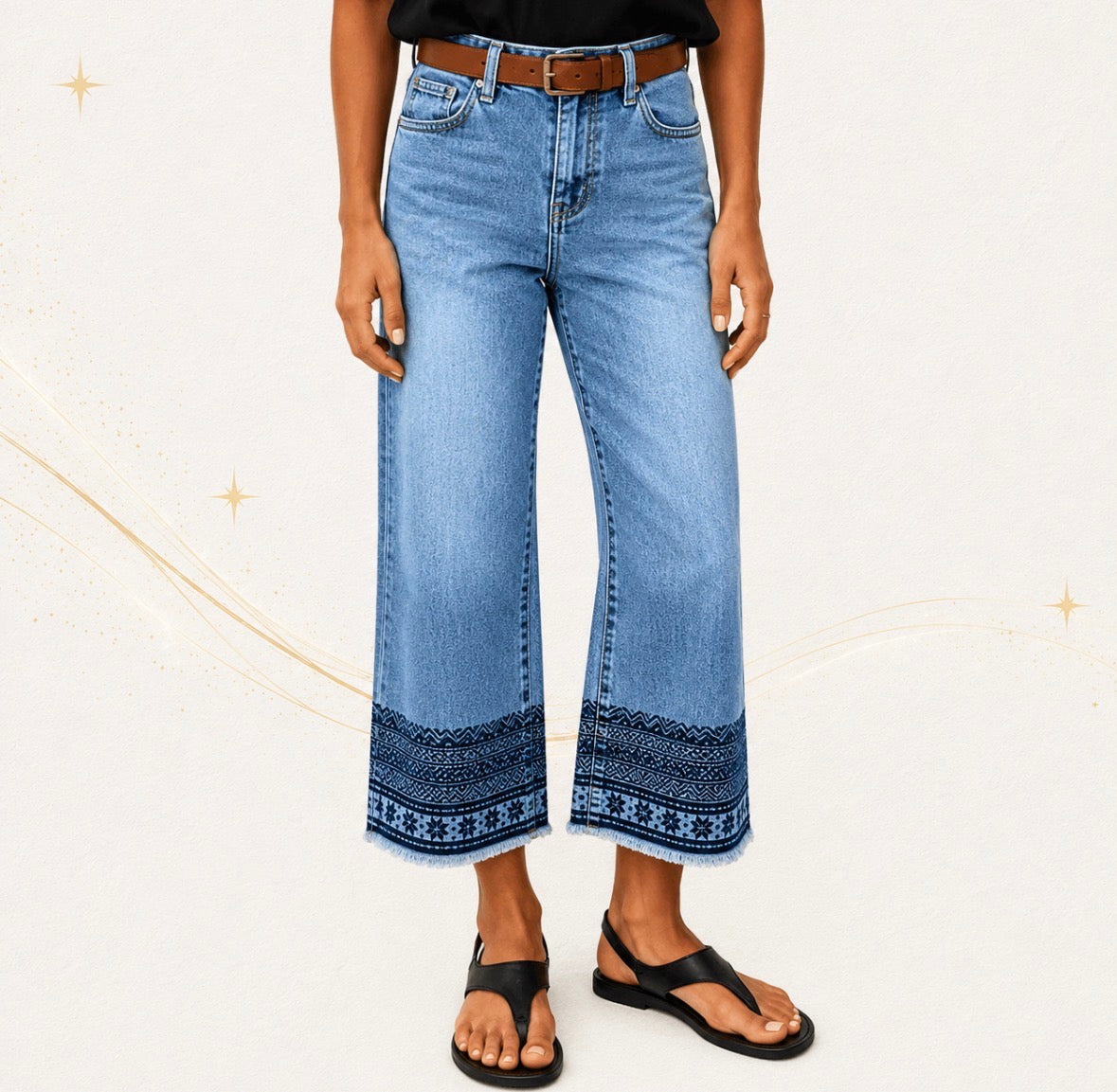 Plus Size Stone Washed Denim Jeans with Ethnic Style Embroidery