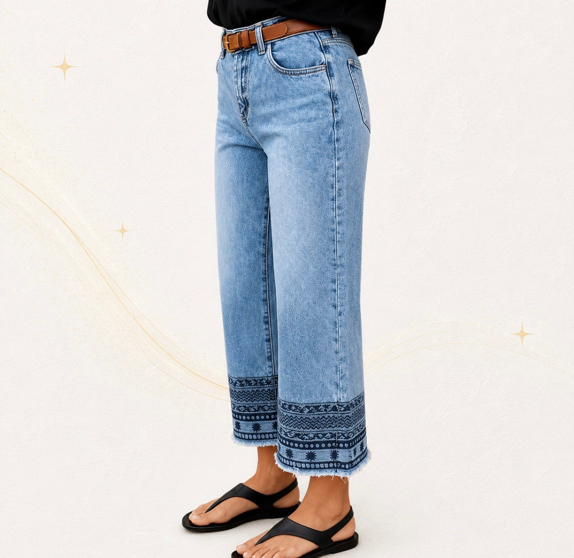 Plus Size Stone Washed Denim Jeans with Ethnic Style Embroidery