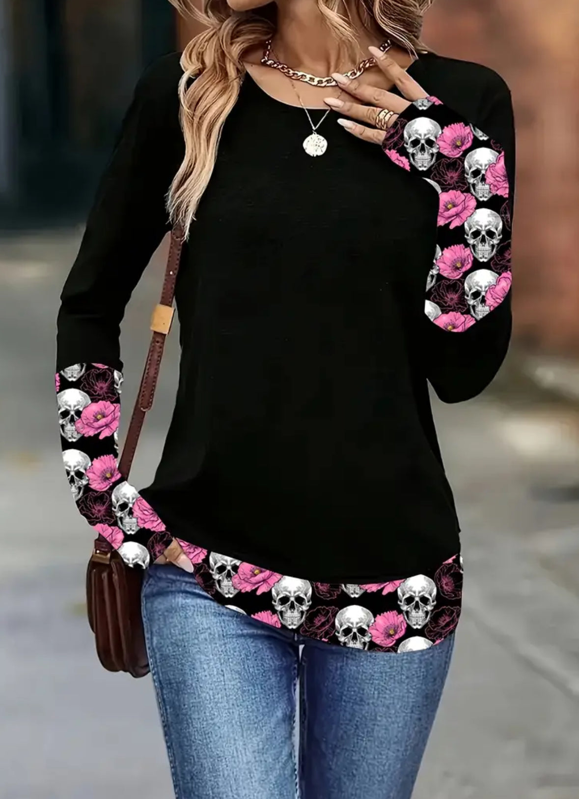 Long Sleeve Asymmetrical Top with Skull Trim