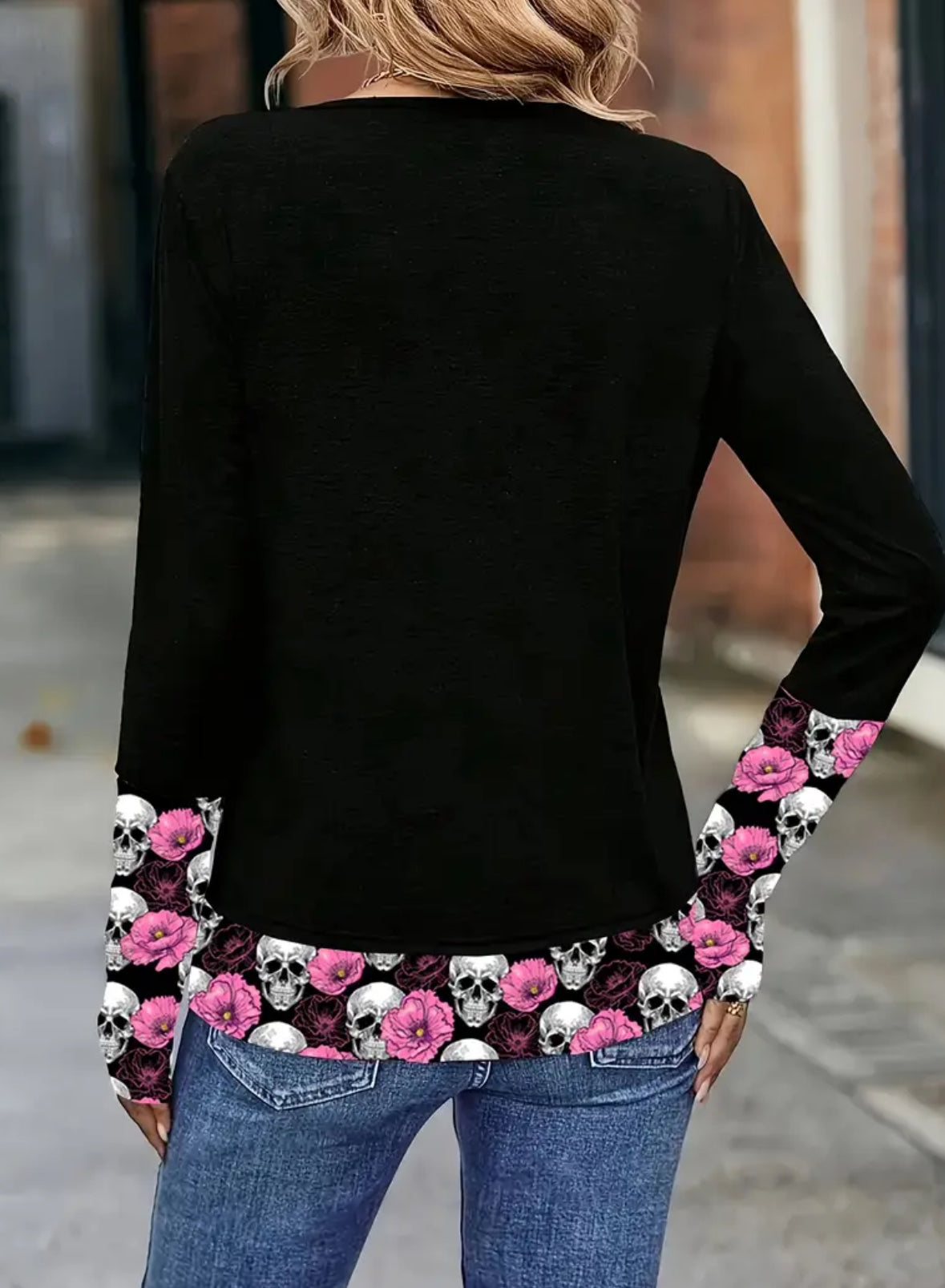 Long Sleeve Asymmetrical Top with Skull Trim