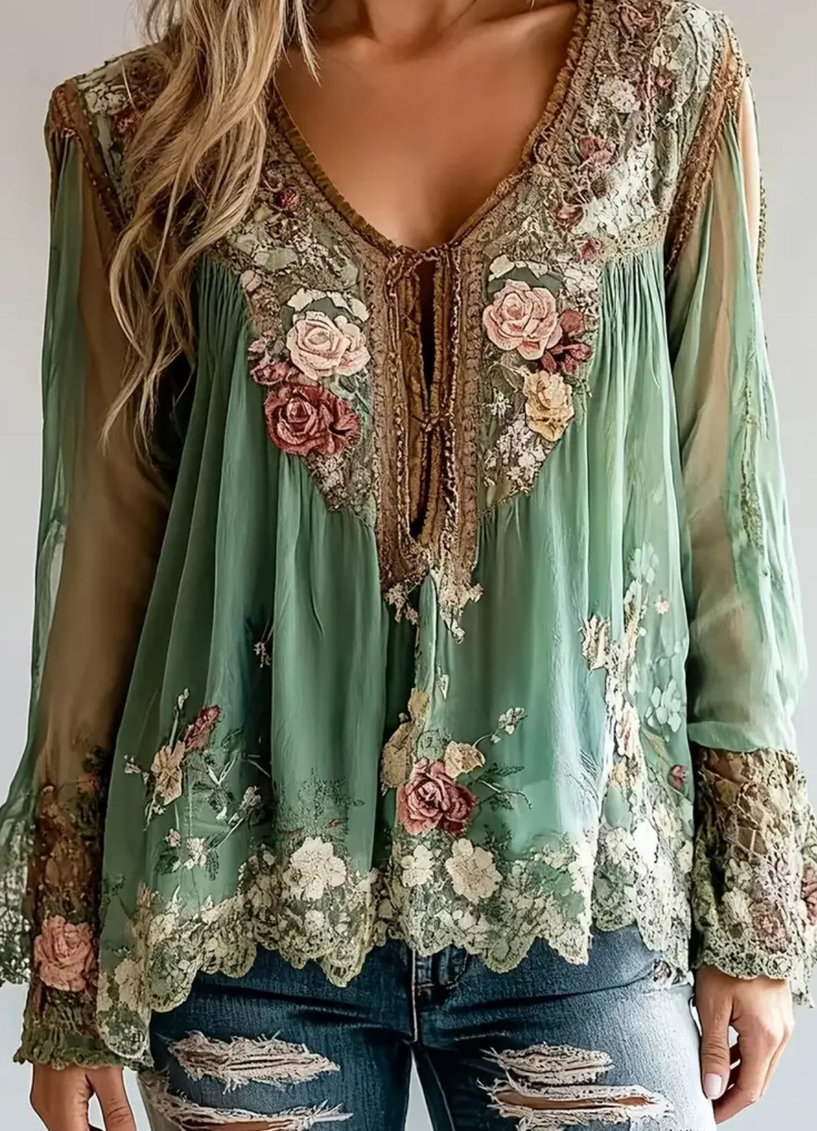 Bohemian Style Long Bell Sleeve with Lace Pattern Print
