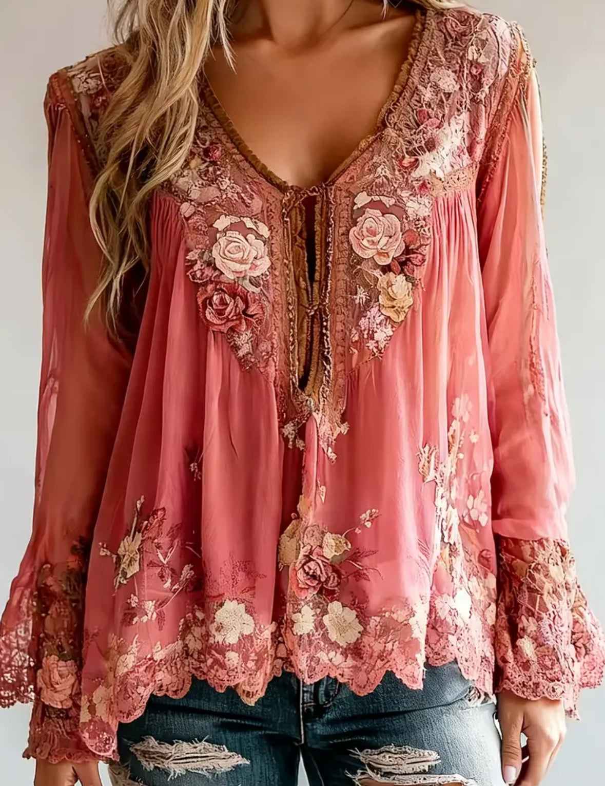 Bohemian Style Long Bell Sleeve with Lace Pattern Print