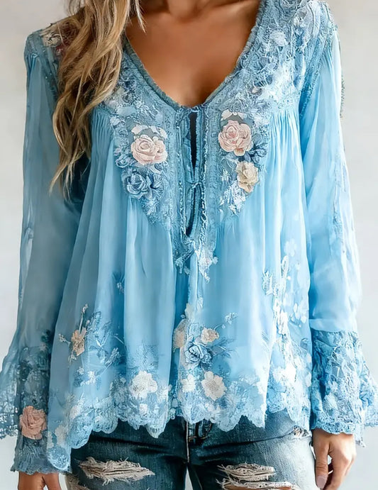 Bohemian Style Long Bell Sleeve with Lace Pattern Print