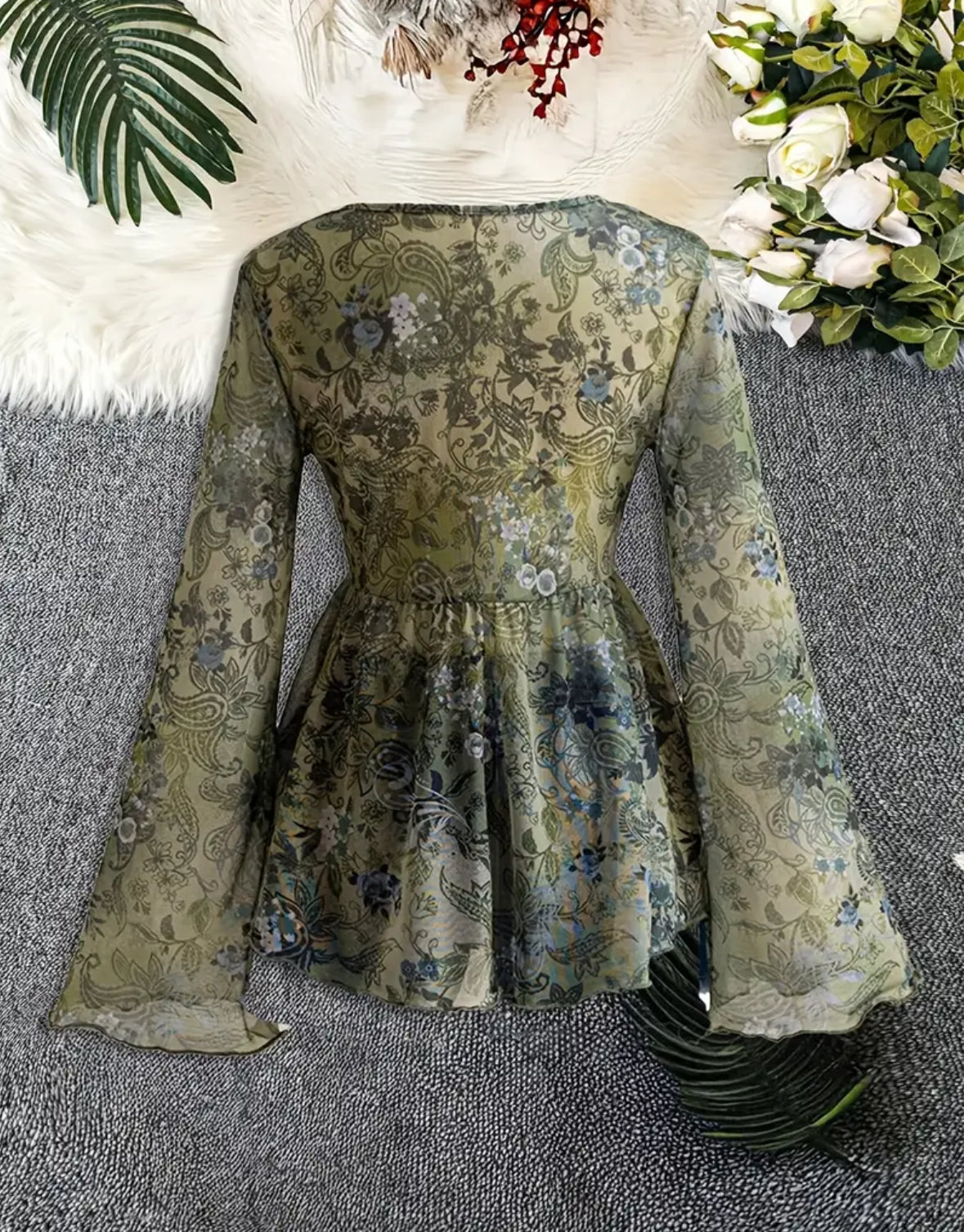 Long Bell Sleeve V-neck Top with Tie