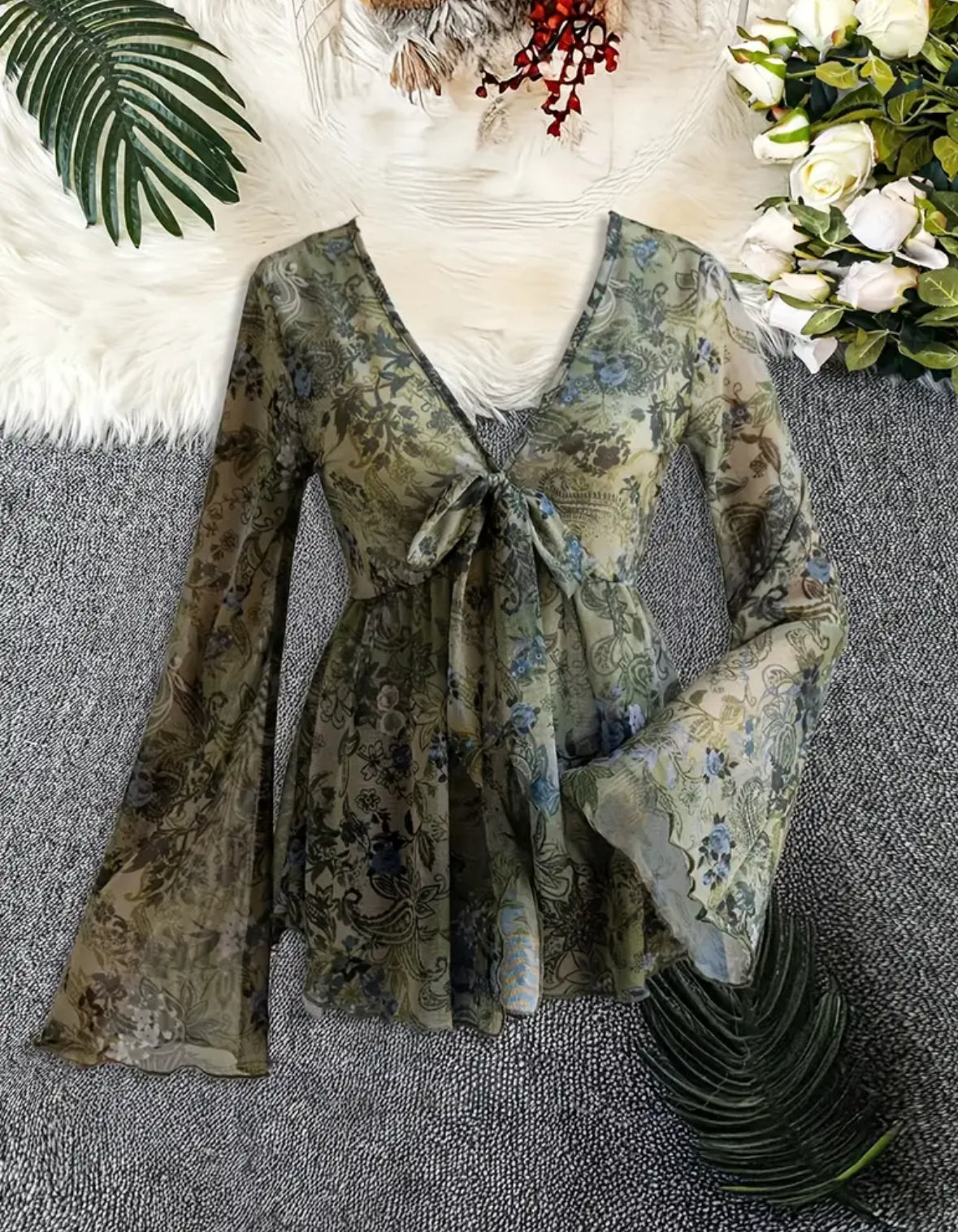 Long Bell Sleeve V-neck Top with Tie
