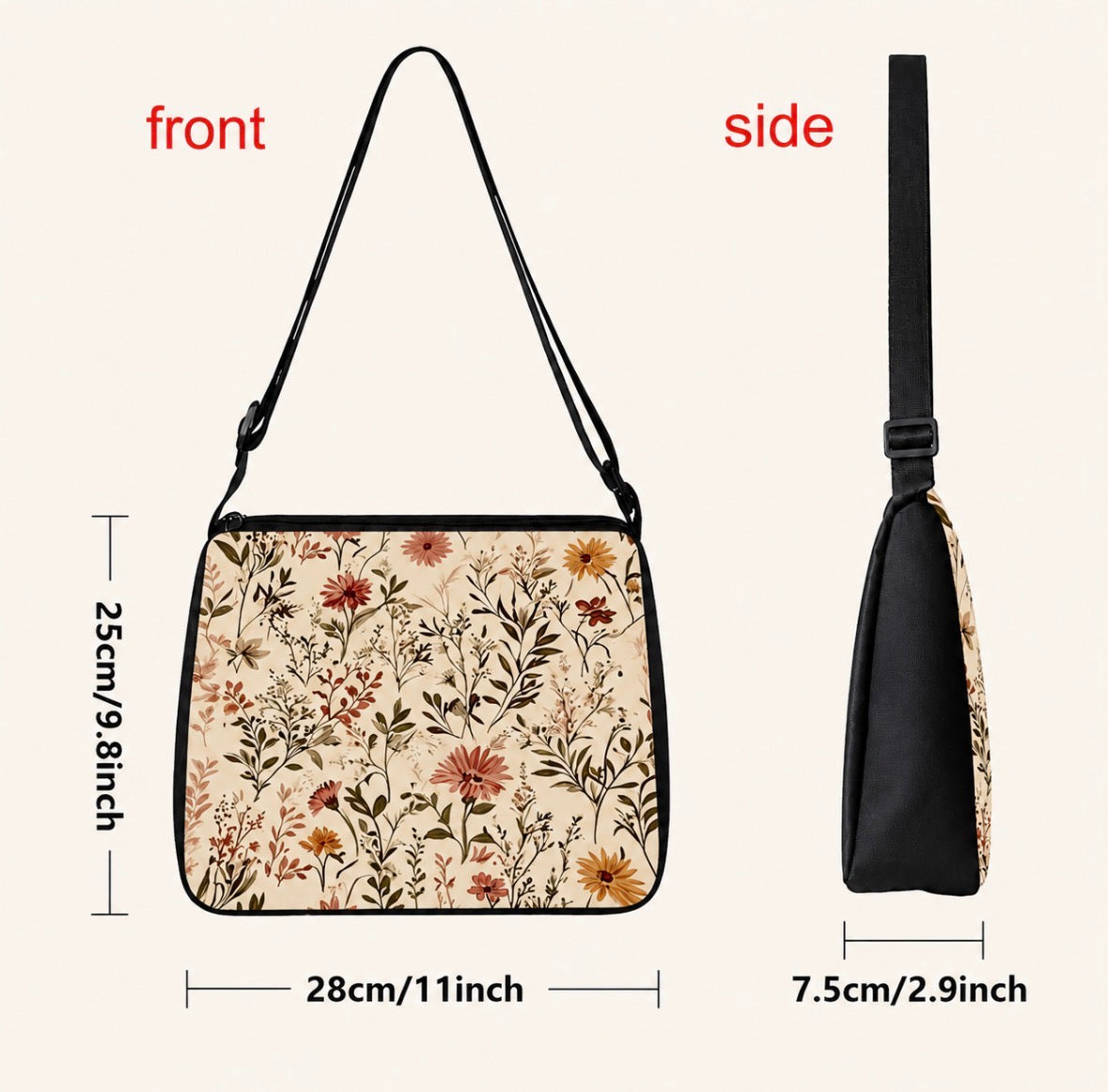 Crossbody Shoulder Bag with Vintage Floral Botanical Print