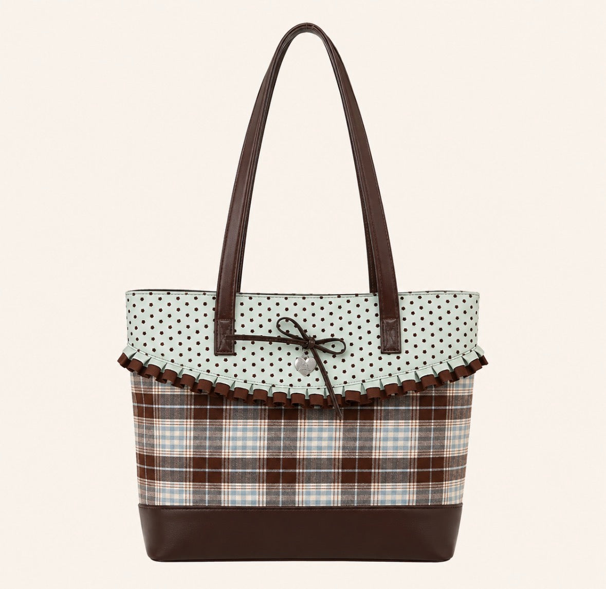 Retro Plaid Tote Bag with Ruffle Trim Bow Decor Shoulder Bag