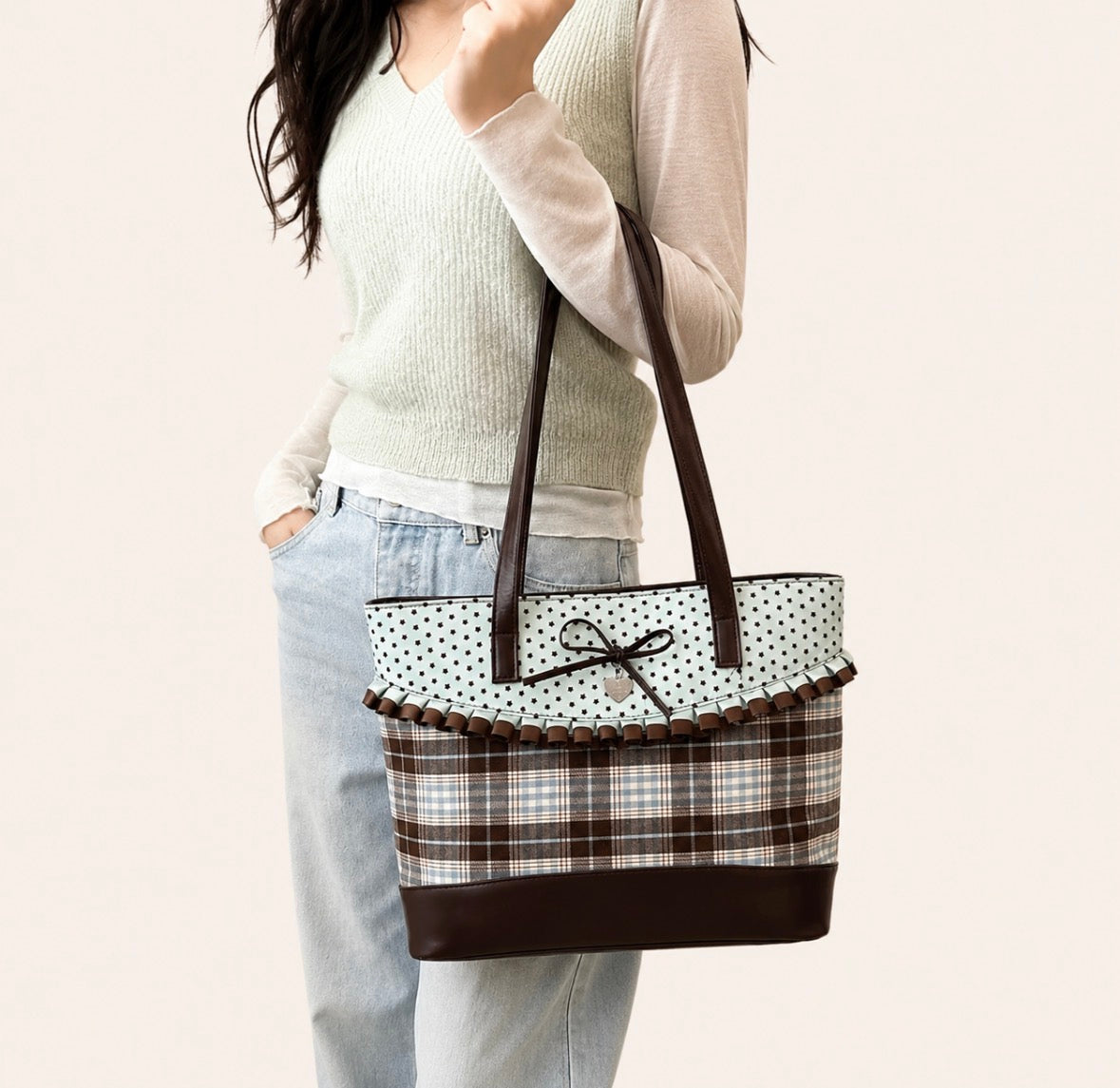 Retro Plaid Tote Bag with Ruffle Trim Bow Decor Shoulder Bag