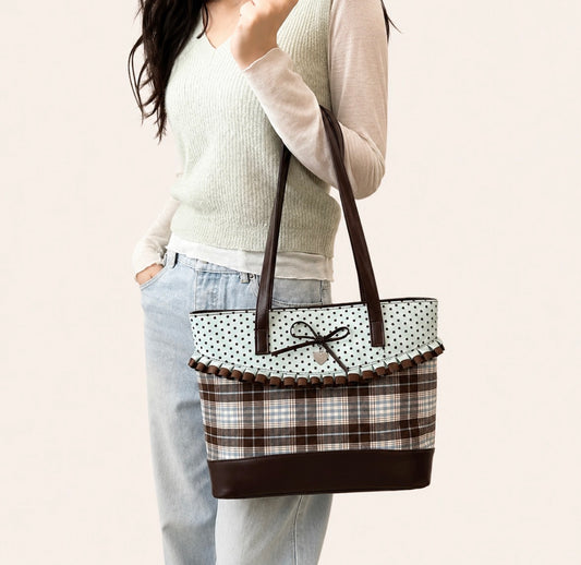 Retro Plaid Tote Bag with Ruffle Trim Bow Decor Shoulder Bag