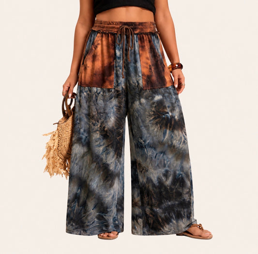 Plus Size Tye-Dye Straight Leg Pants with Elastic Waist and Pockets
