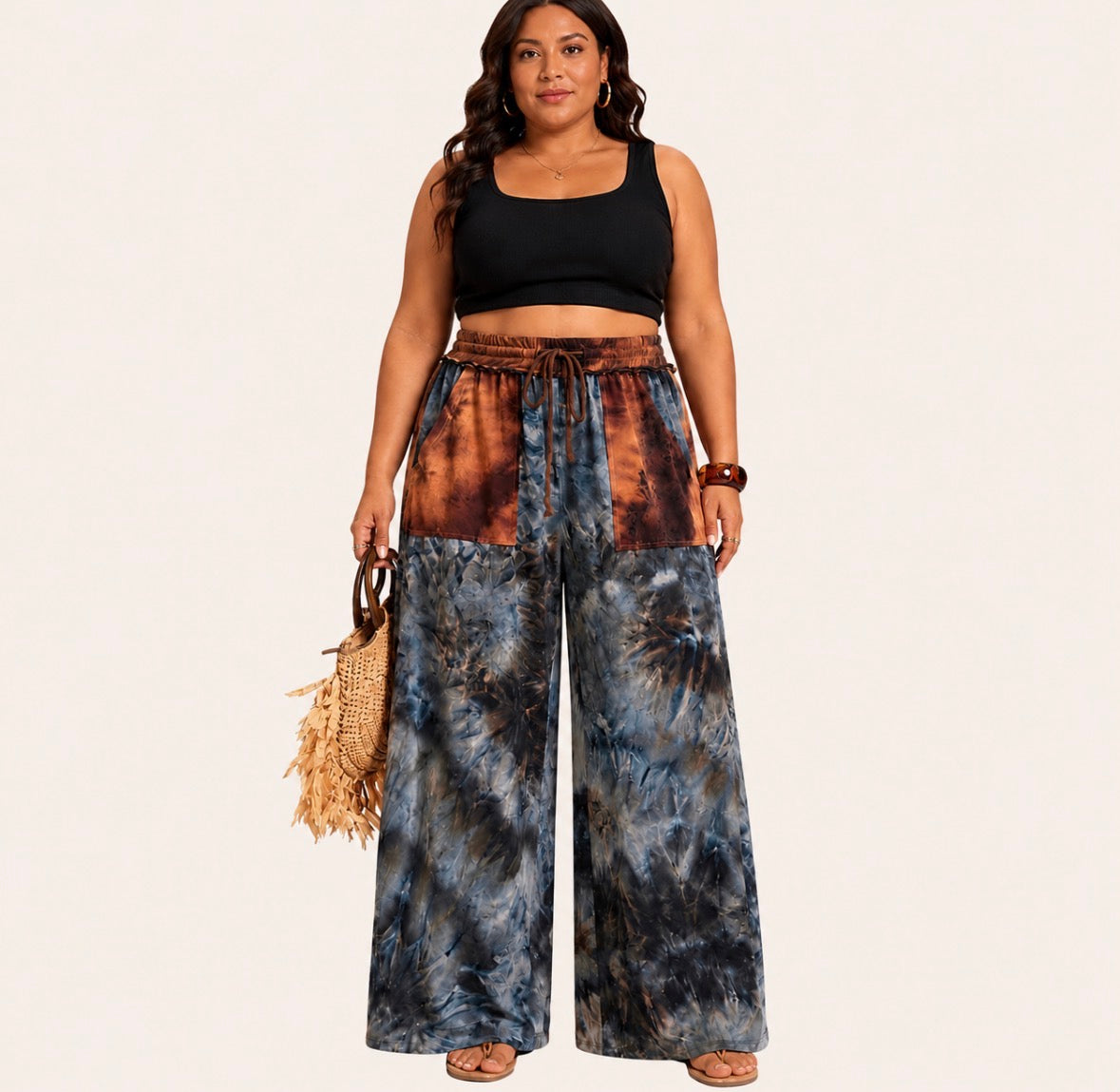 Plus Size Tye-Dye Straight Leg Pants with Elastic Waist and Pockets