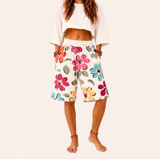 Bohemian Floral Print Wide-Leg Knee-Length Shorts