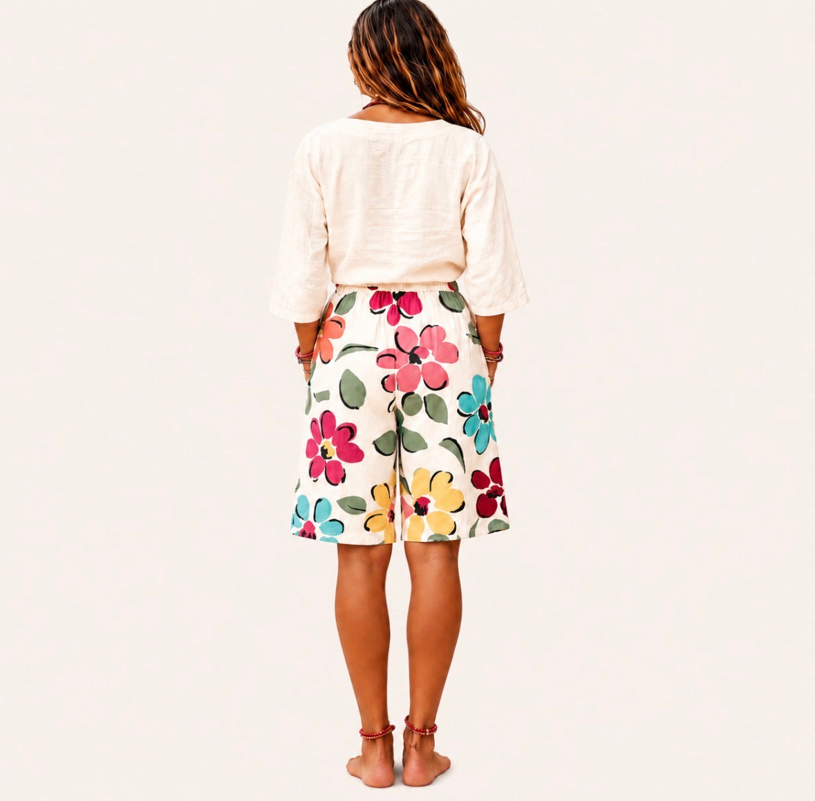 Bohemian Floral Print Wide-Leg Knee-Length Shorts