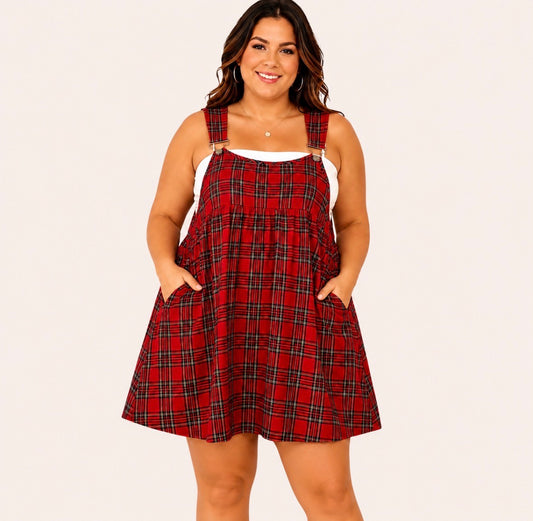 Plus Size Loose Plaid Suspender Mini Dress