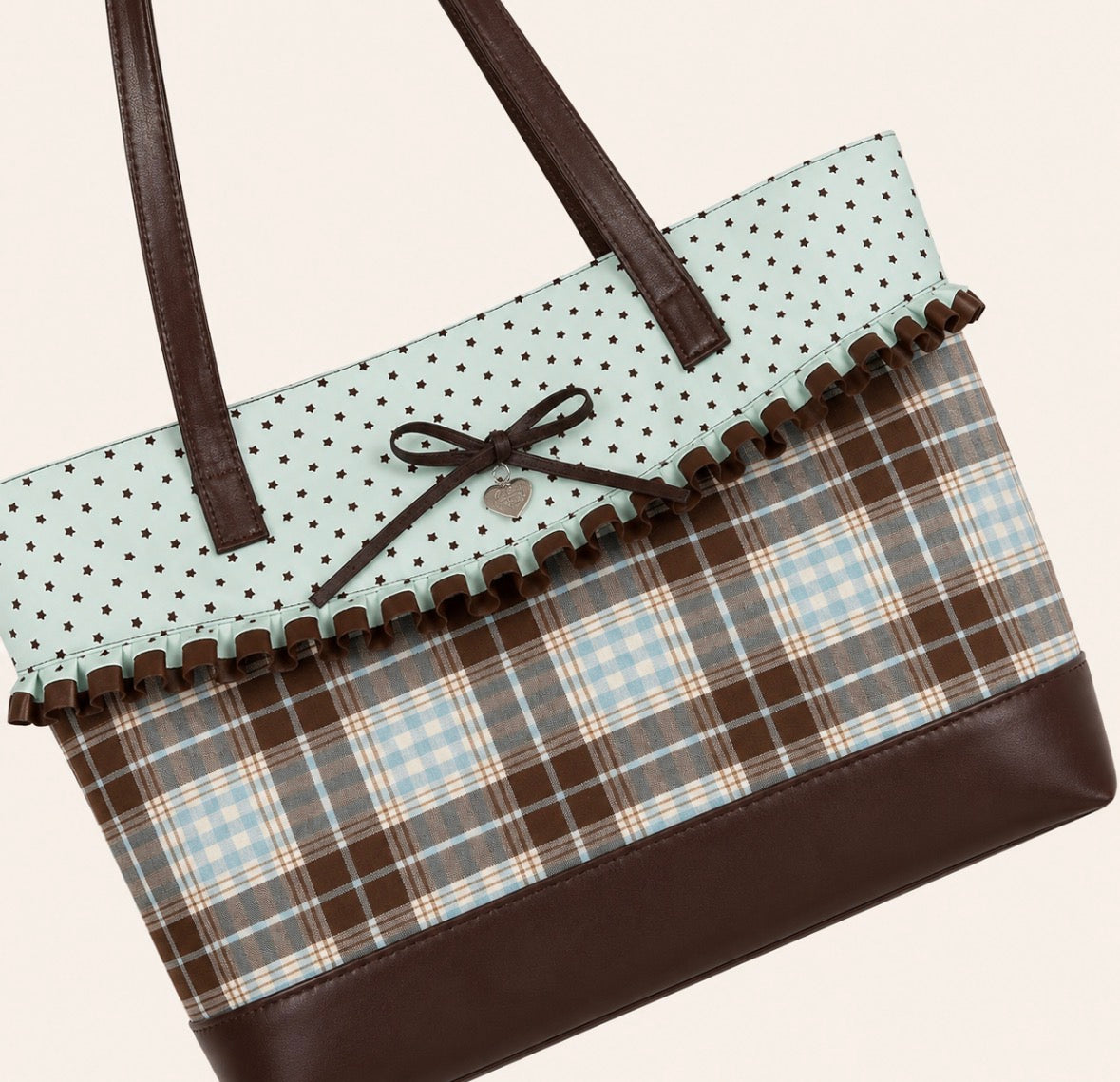 Retro Plaid Tote Bag with Ruffle Trim Bow Decor Shoulder Bag
