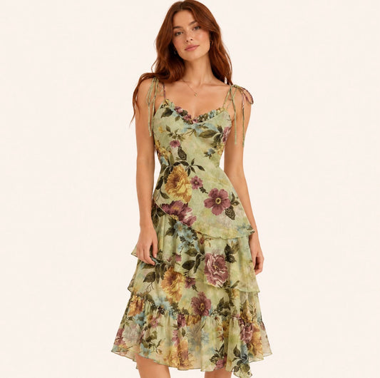 Floral Print Spaghetti Strap Dress with Adjustable Spaghetti Straps with an Asymmetrical Hem