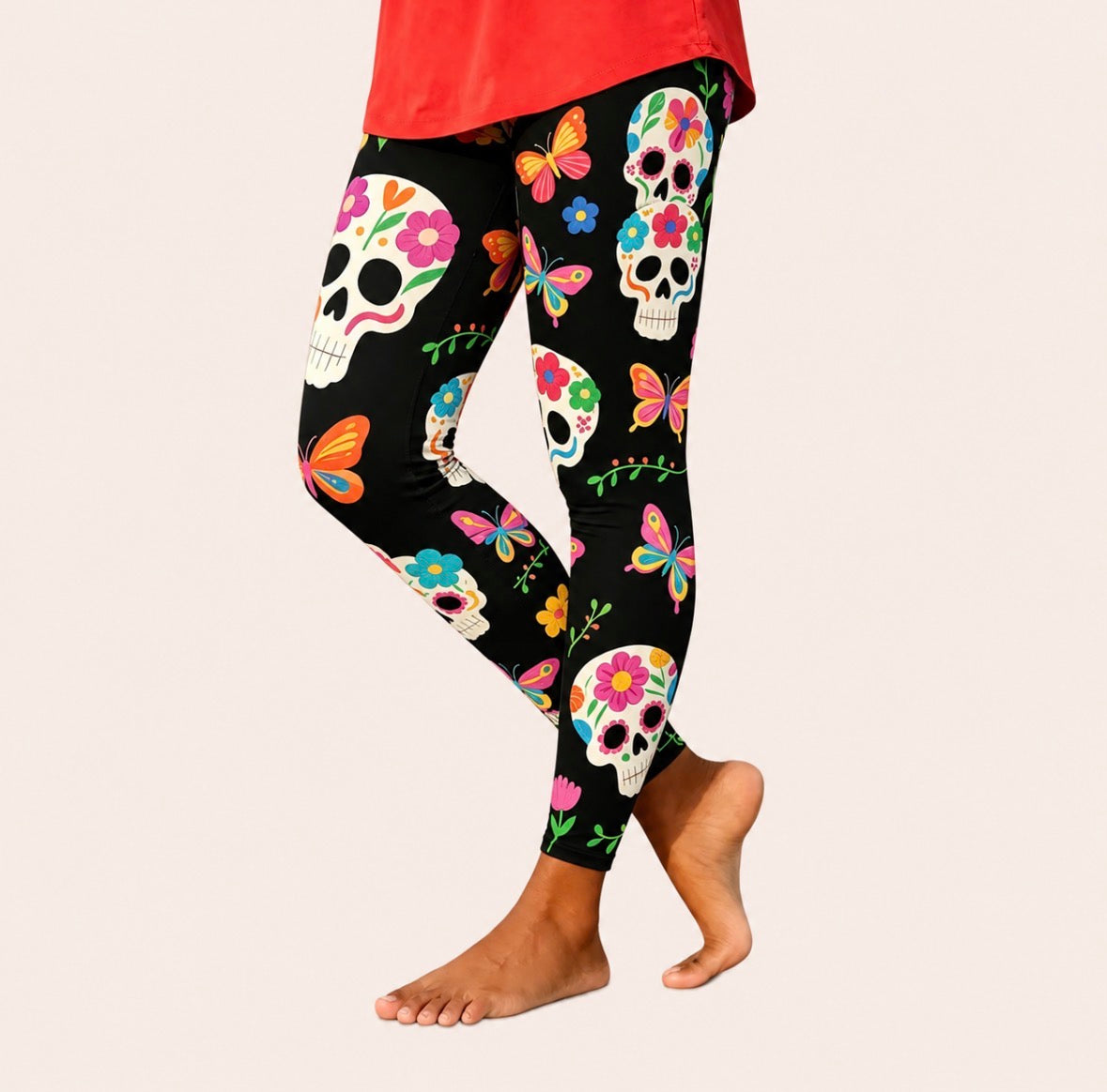 Floral and Butterfly Skull Pattern Leggings