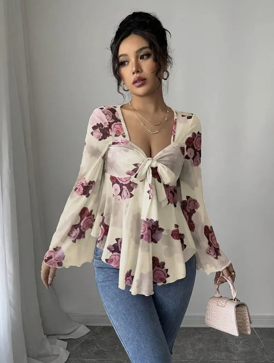 Ruffled Long Sleeve Asymmetrical Top