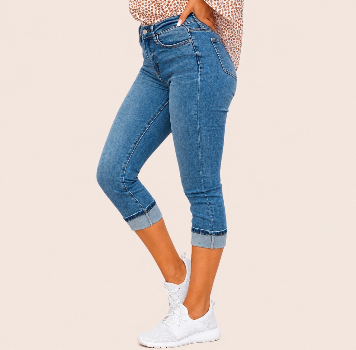 High-Waist Straight Leg Rolled Up Jeans