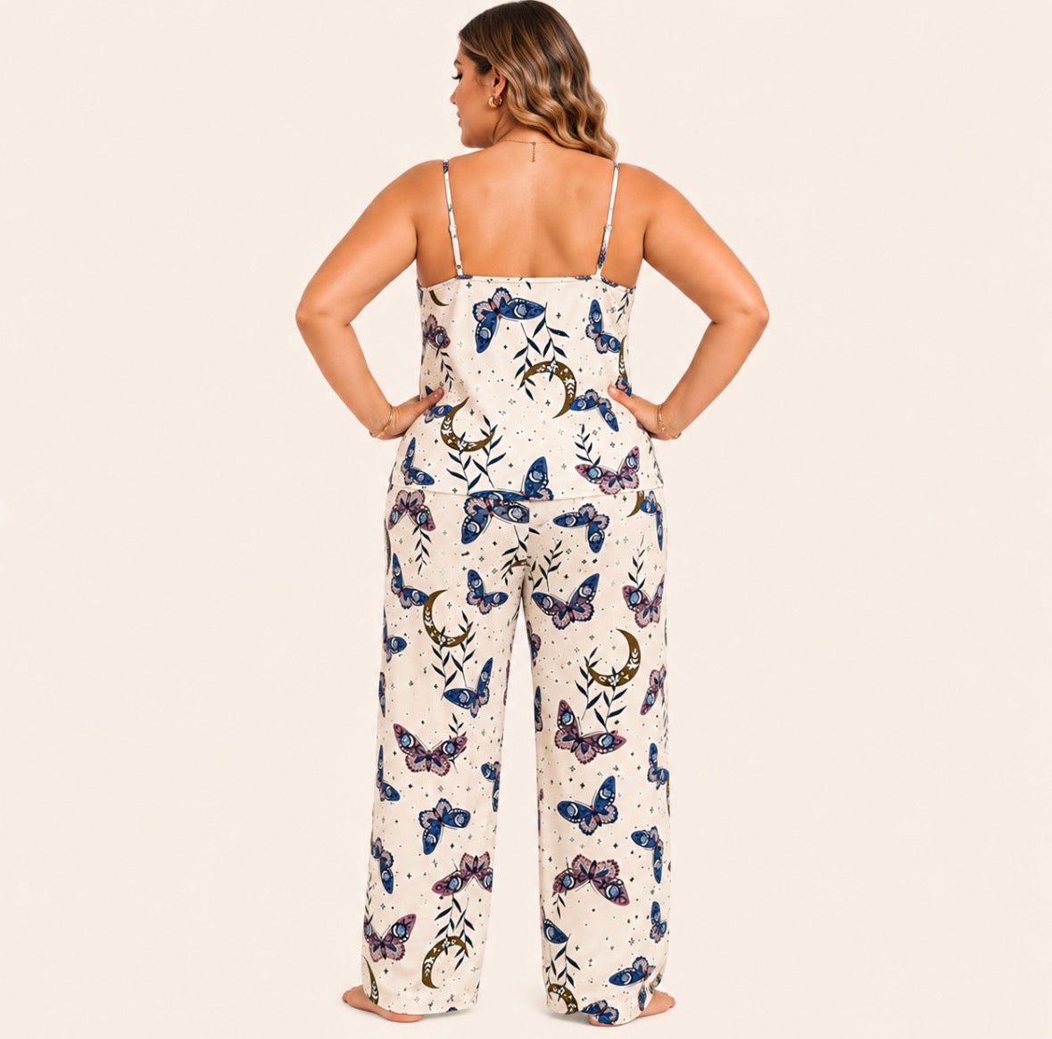 Plus Size Butterfly Camisole Top with Long Pants Loungewear Set