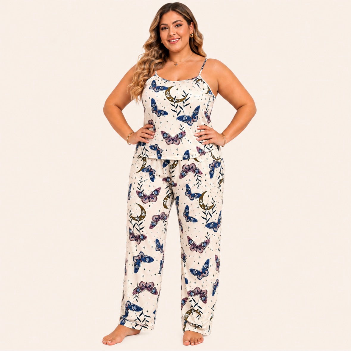 Plus Size Butterfly Camisole Top with Long Pants Loungewear Set