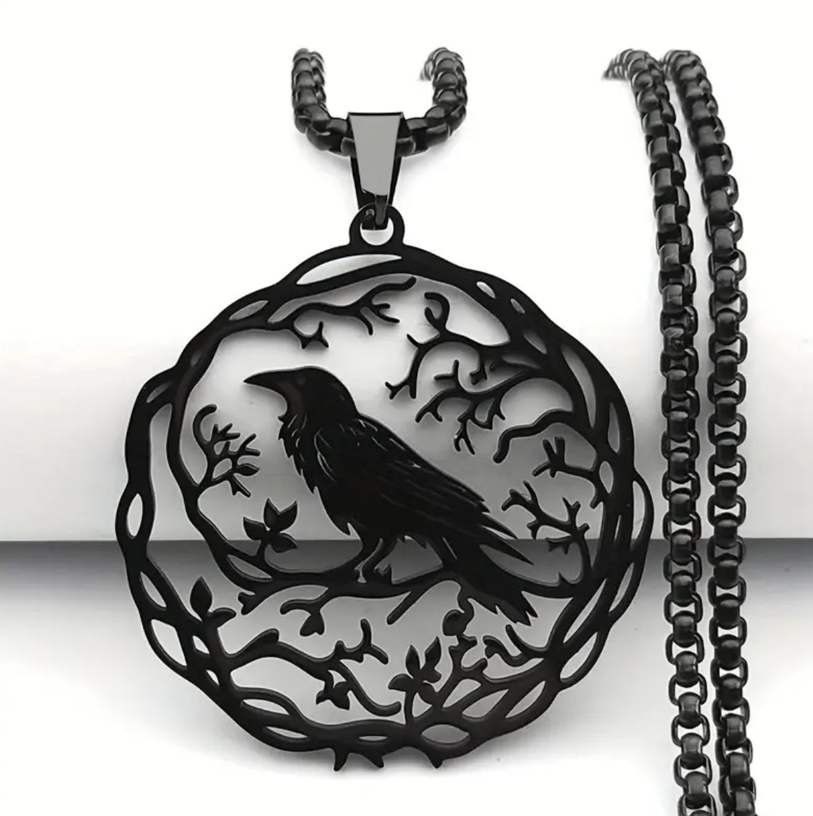 Gothic Crow Life Tree Pendant Necklace