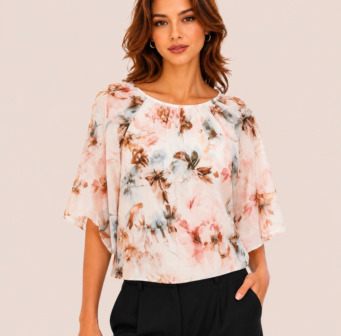 Chiffon Floral Blouse with Light and Airy Three-Quarter Sleeves