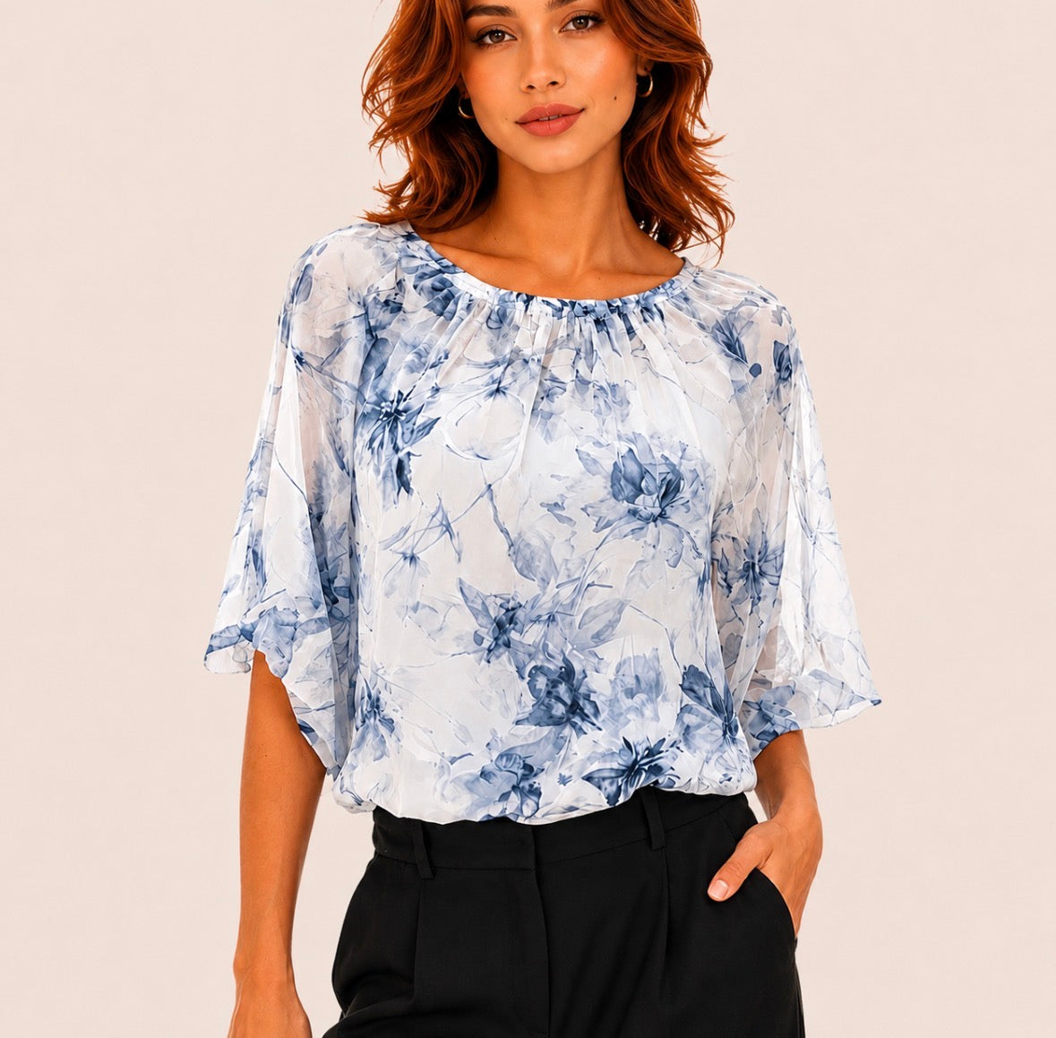 Chiffon Floral Blouse with Light and Airy Three-Quarter Sleeves