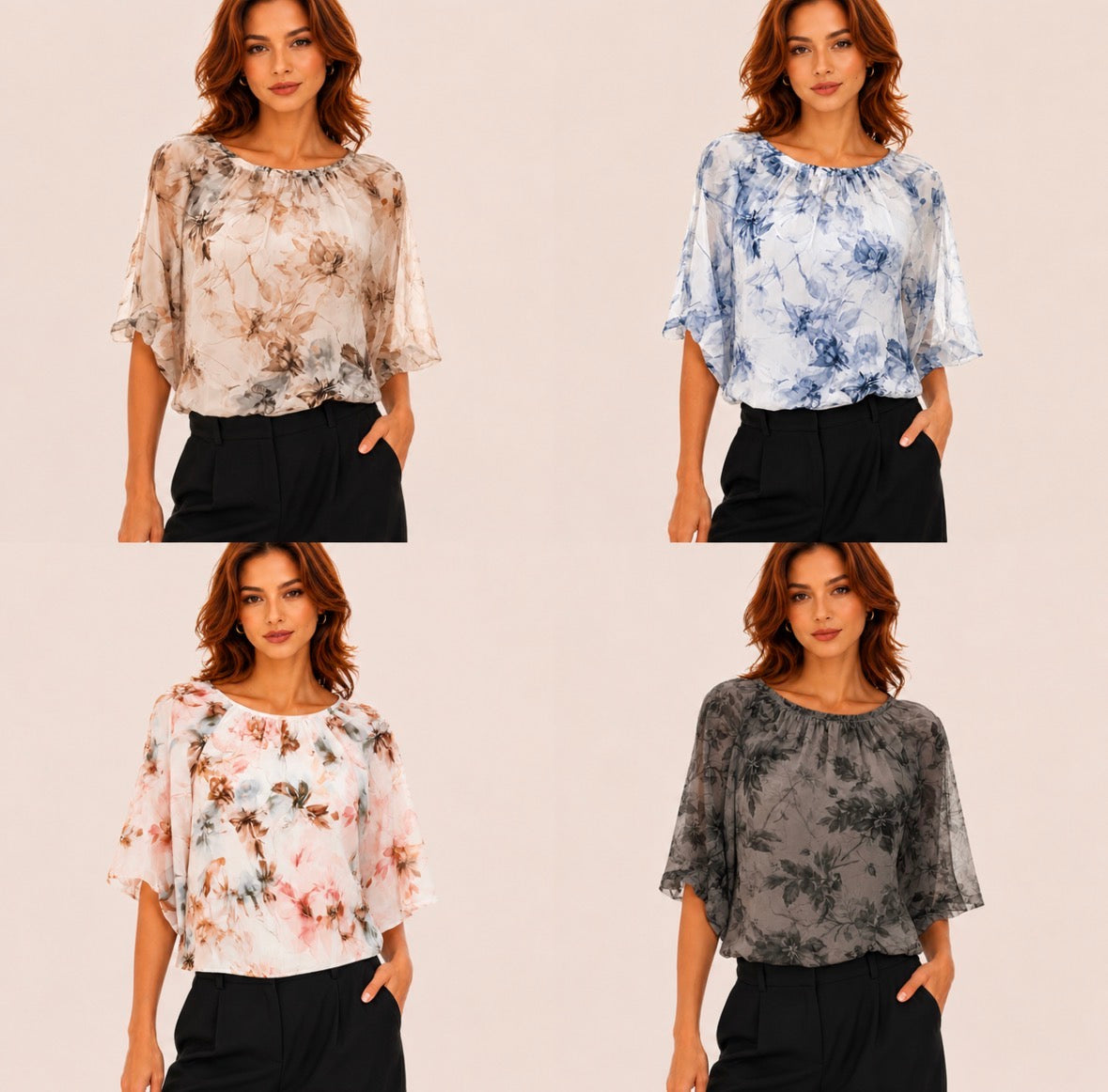 Chiffon Floral Blouse with Light and Airy Three-Quarter Sleeves