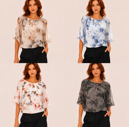 Chiffon Floral Blouse with Light and Airy Three-Quarter Sleeves