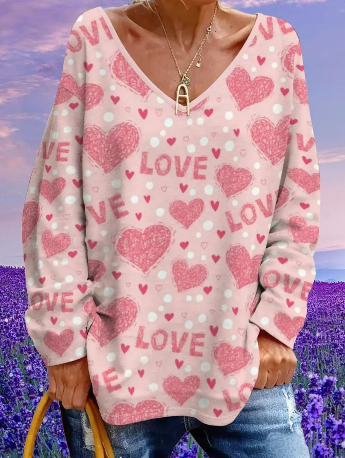 Plus Size Long Sleeve “ Heart and Love” V-neck Top