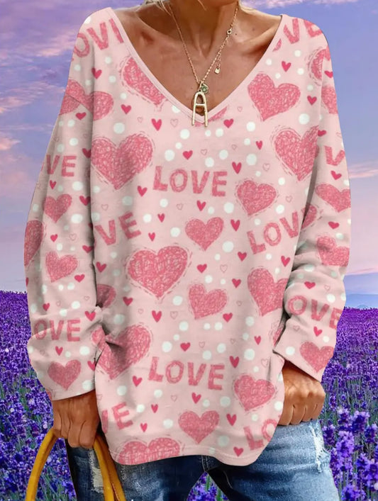 Plus Size Long Sleeve “ Heart and Love” V-neck Top