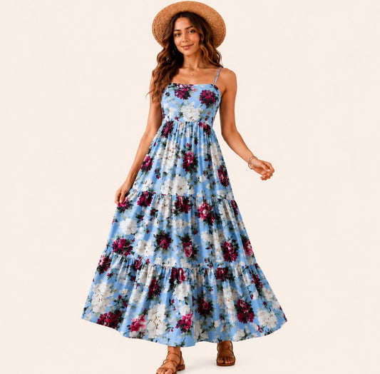 Long Length Floral Print Dress with Flared Hem