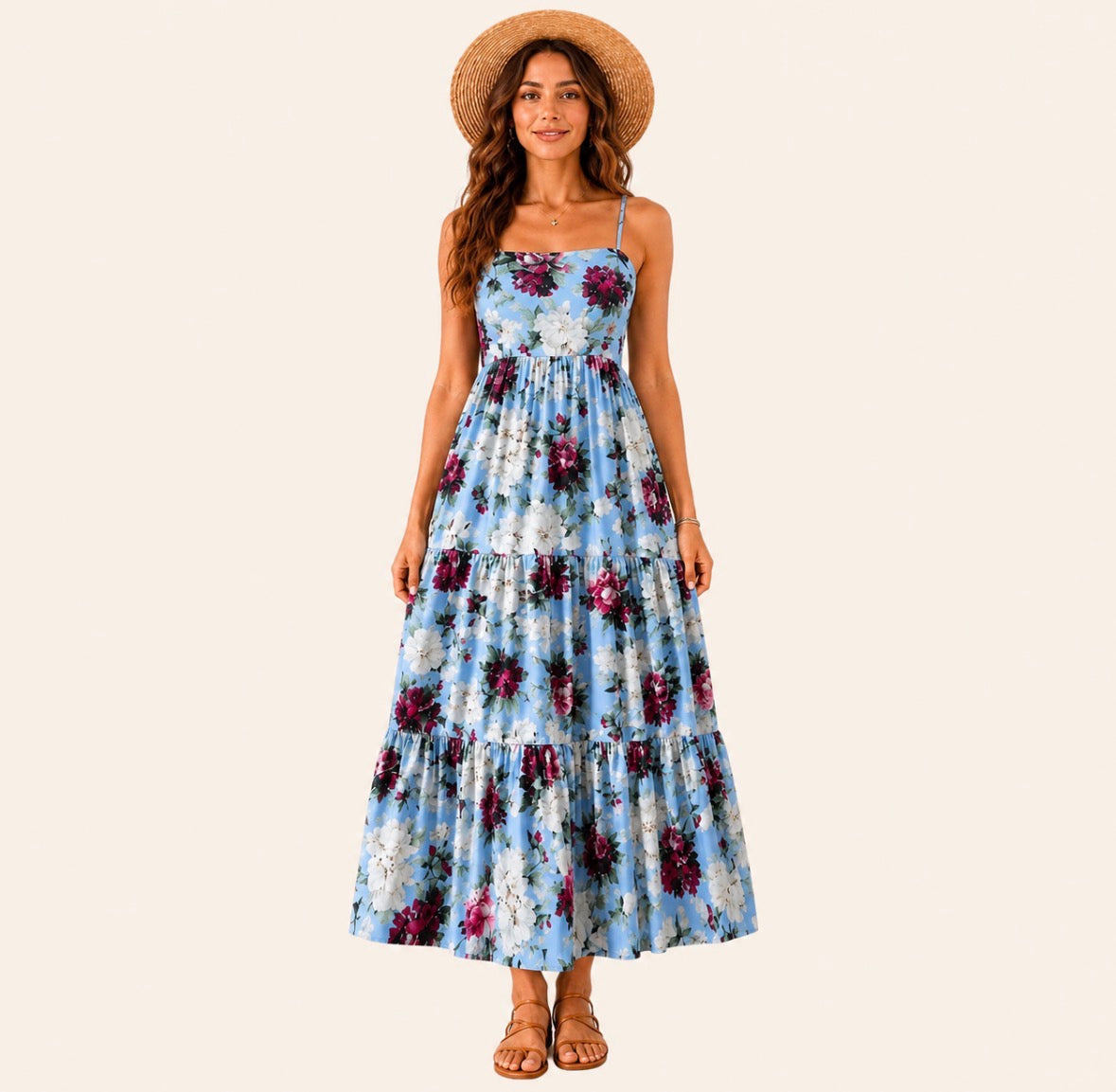 Long Length Floral Print Dress with Flared Hem