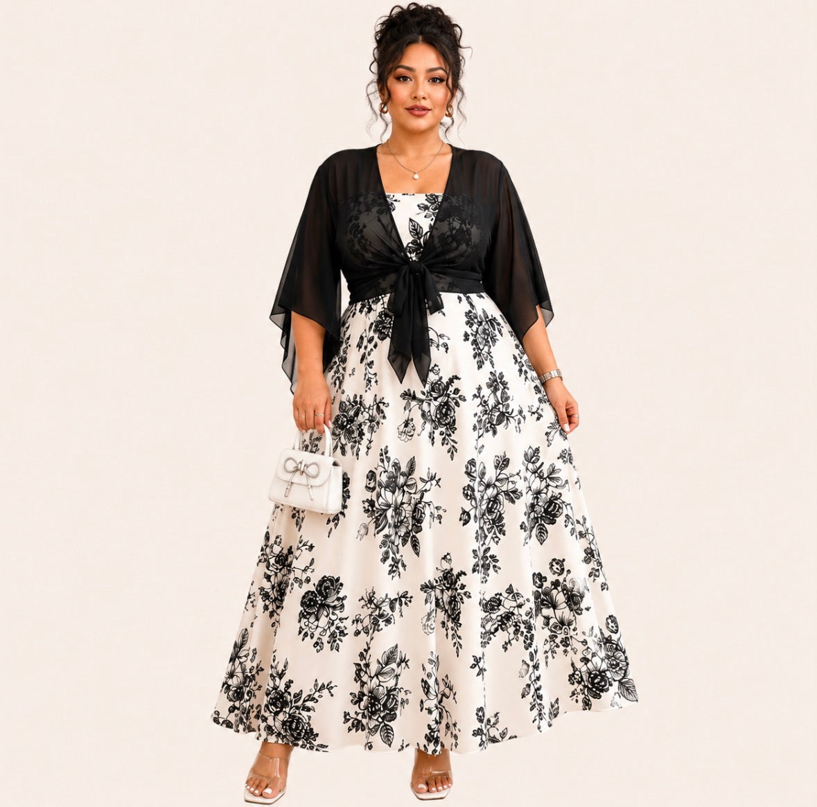 Plus Size 2-piece Floral Print Cami Dress And Chiffon Cape Set with Tie