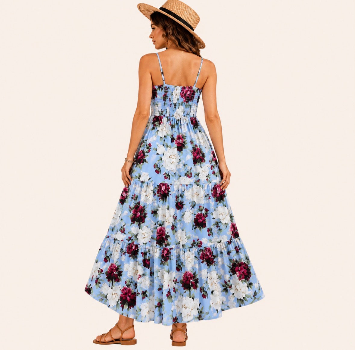Long Length Floral Print Dress with Flared Hem