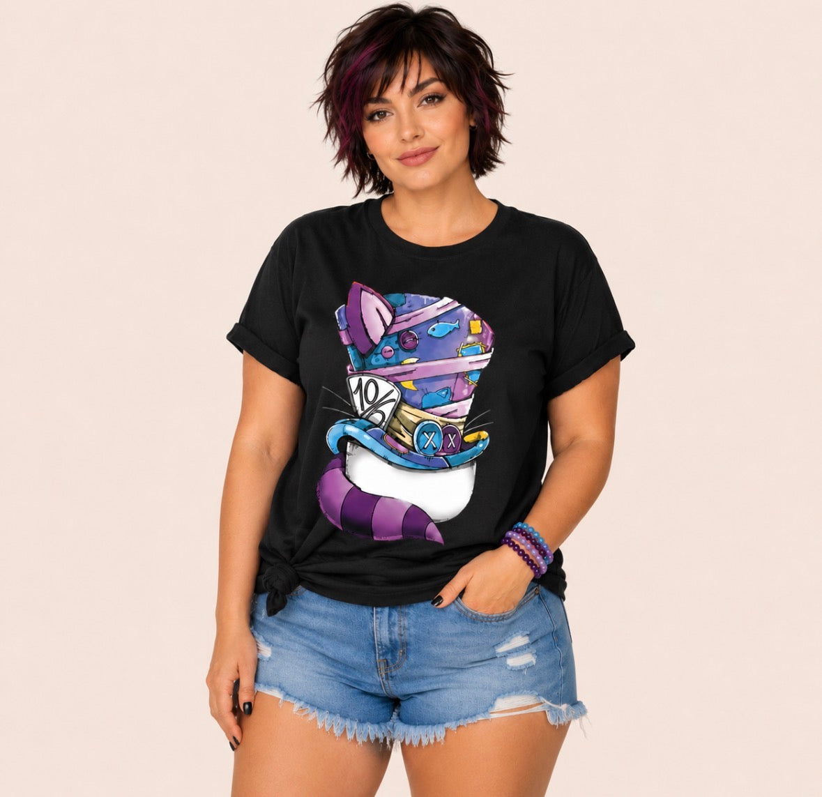 Plus Size Graphic T-shirt - Geometric Cat and Hat