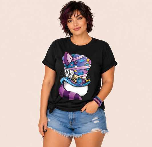 Plus Size Graphic T-shirt - Geometric Cat and Hat
