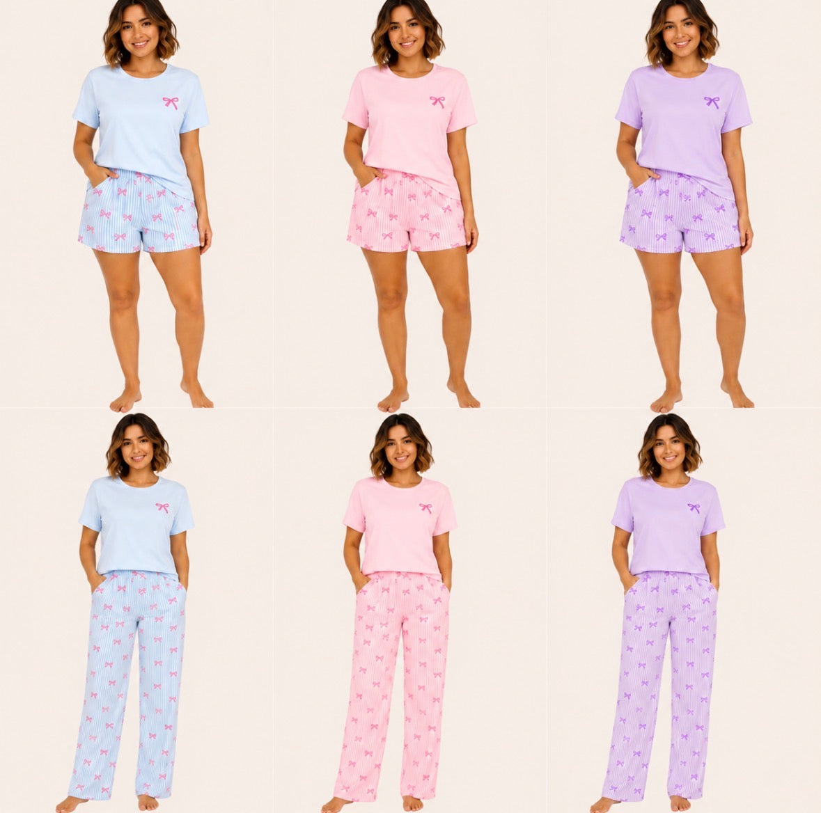 Three-piece Striped and Bow Loungewear Set