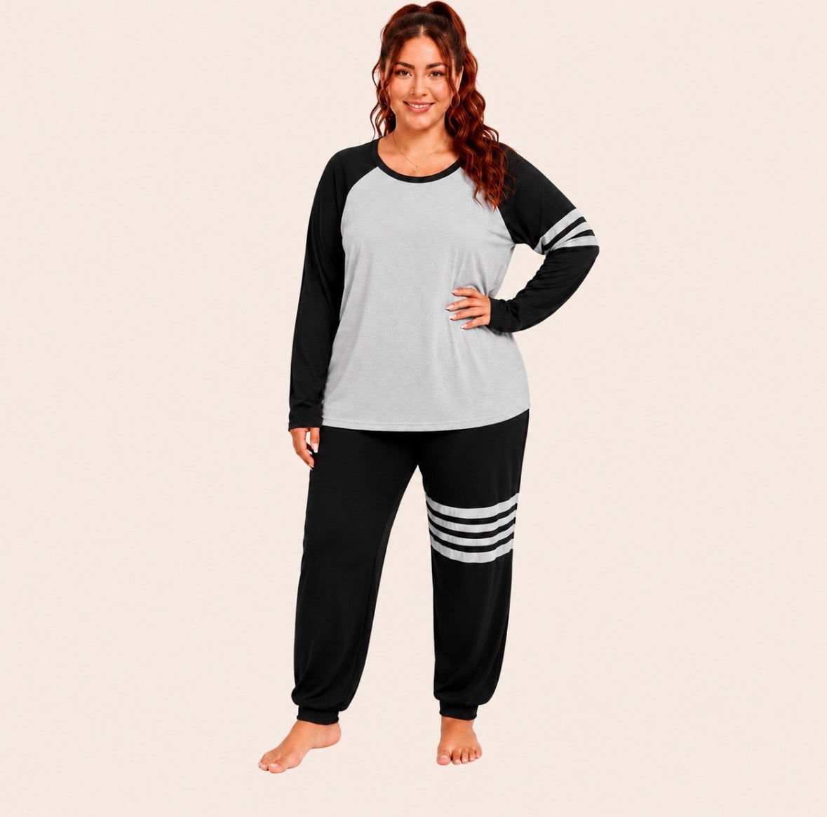 Plus Size Two-Piece Color-block Long Sleeve Loungewear Set