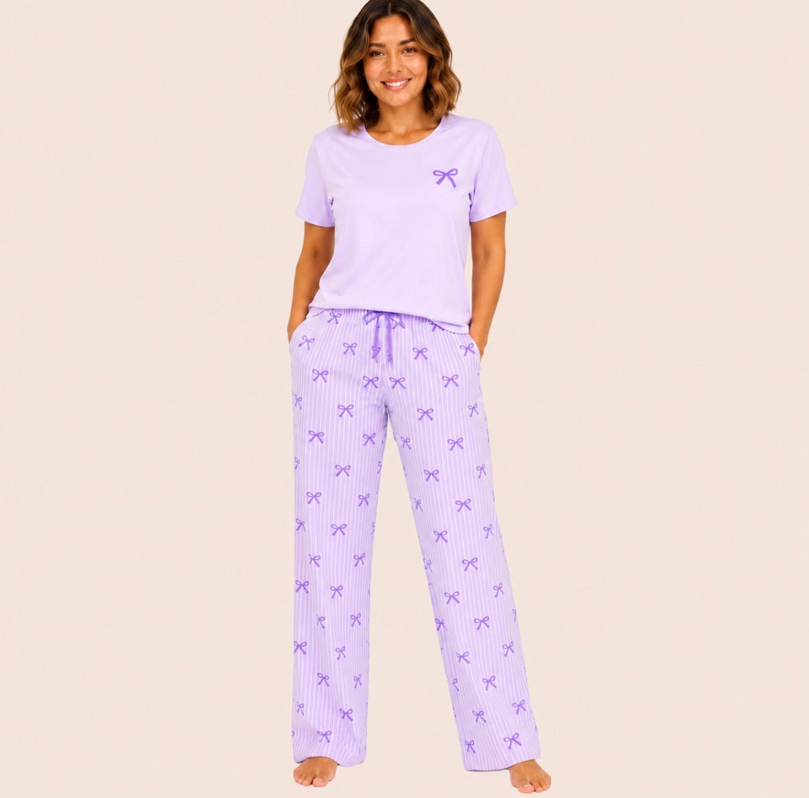 Three-piece Striped and Bow Loungewear Set
