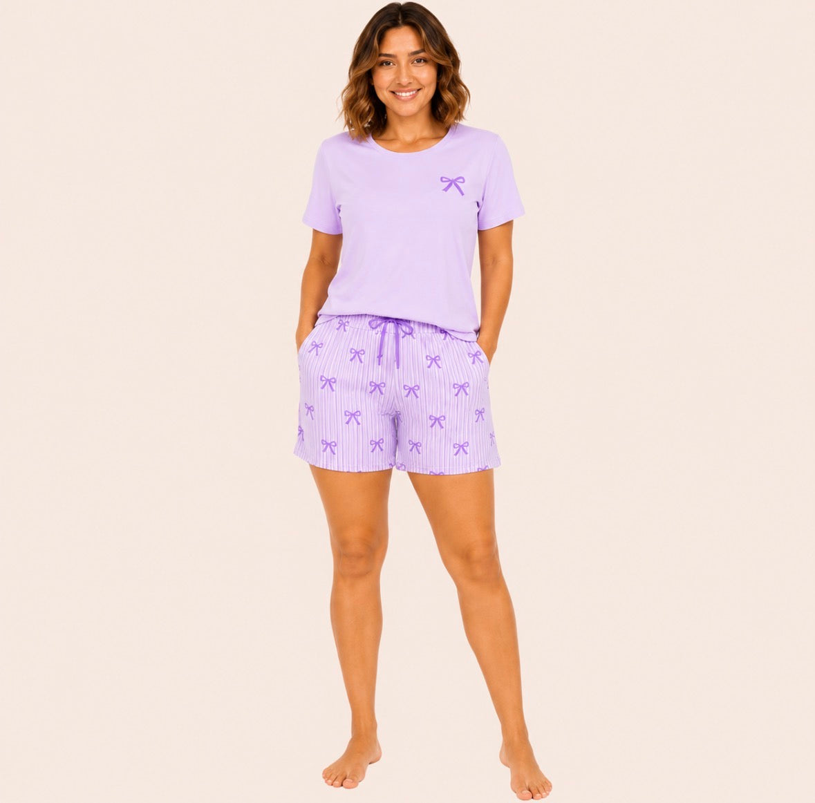 Three-piece Striped and Bow Loungewear Set
