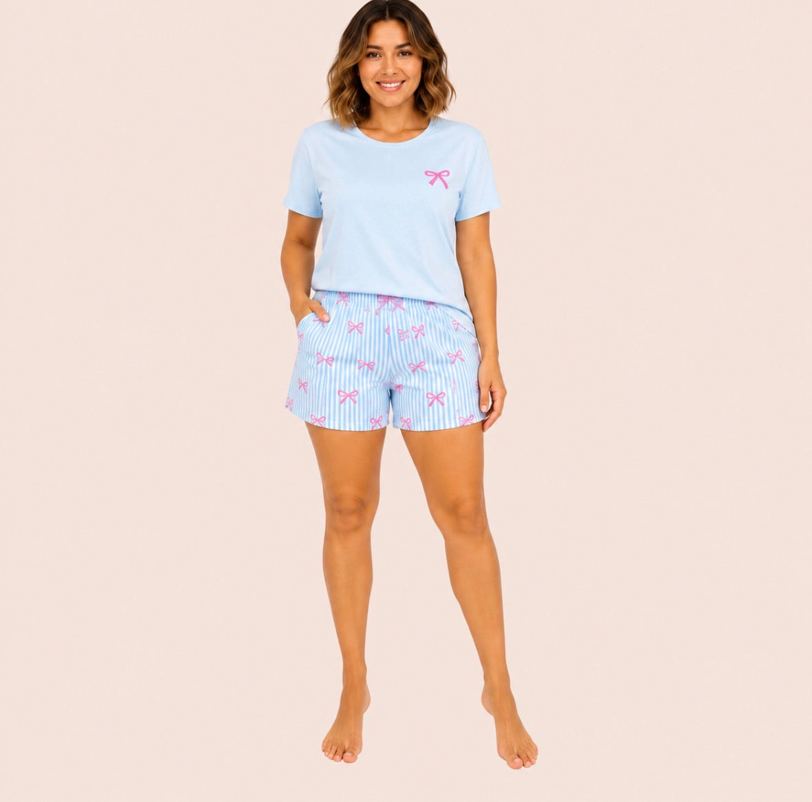 Three-piece Striped and Bow Loungewear Set