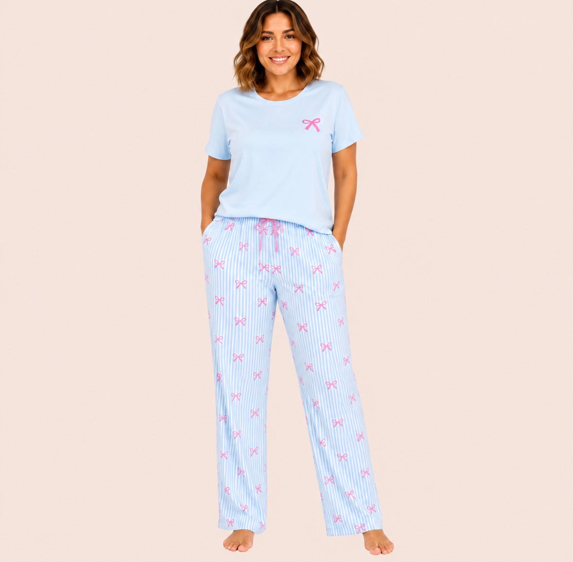 Three-piece Striped and Bow Loungewear Set