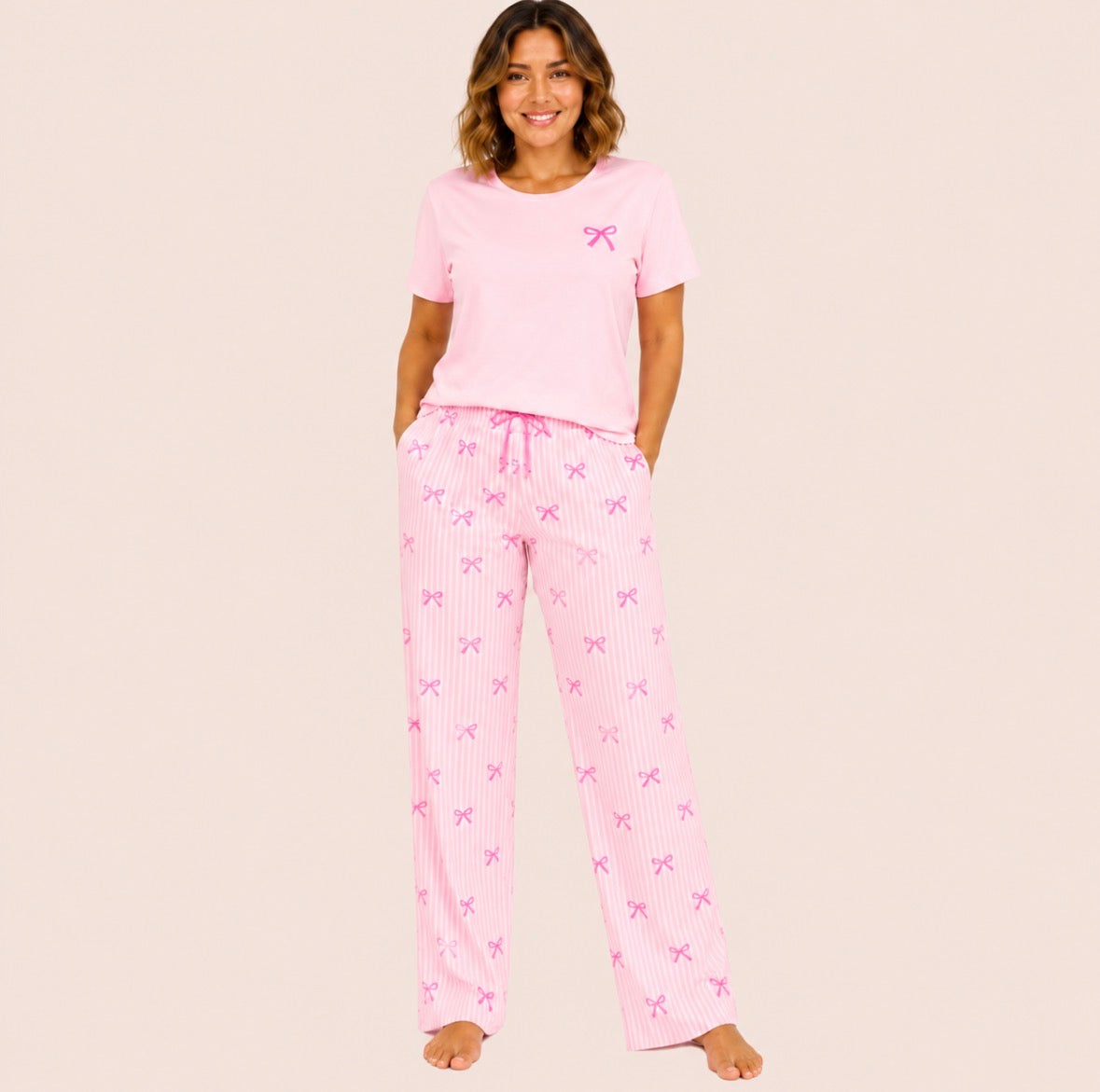 Three-piece Striped and Bow Loungewear Set