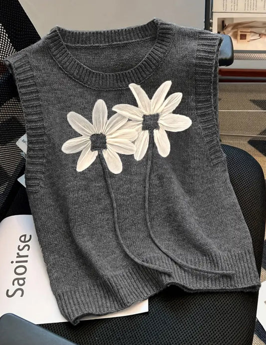Sleeveless Pullover Vest with Floral Appliqué