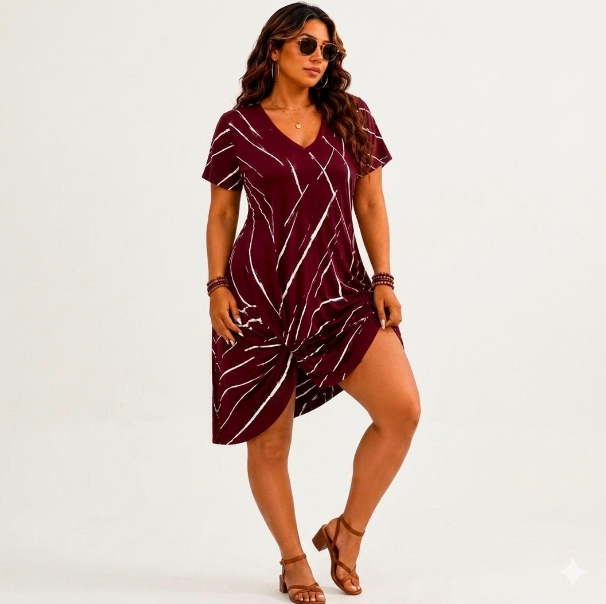 Plus Size Abstract Line V-Neck Twisted Trumpet Style Short Sleeve Dress