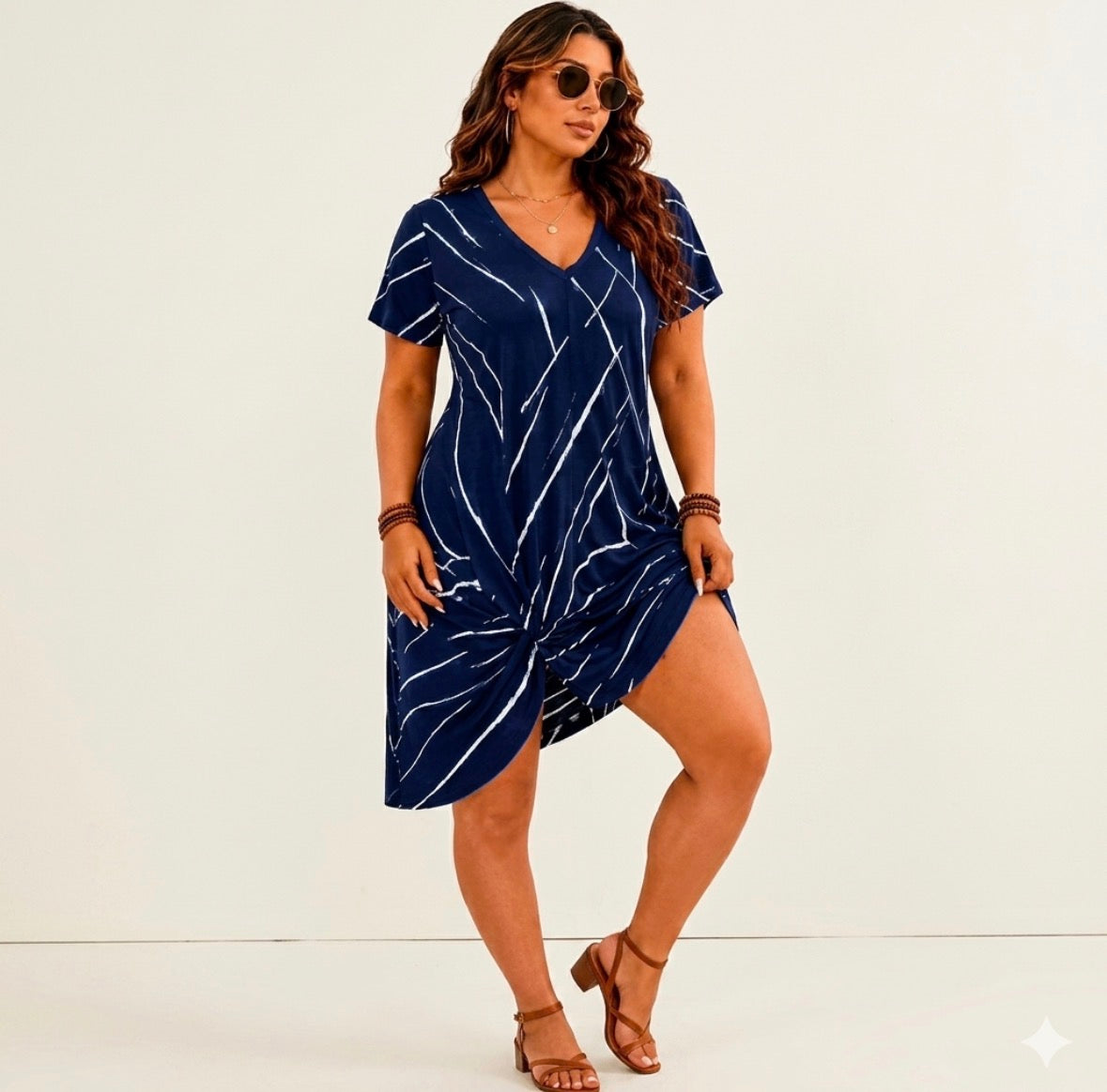 Plus Size Abstract Line V-Neck Twisted Trumpet Style Short Sleeve Dress