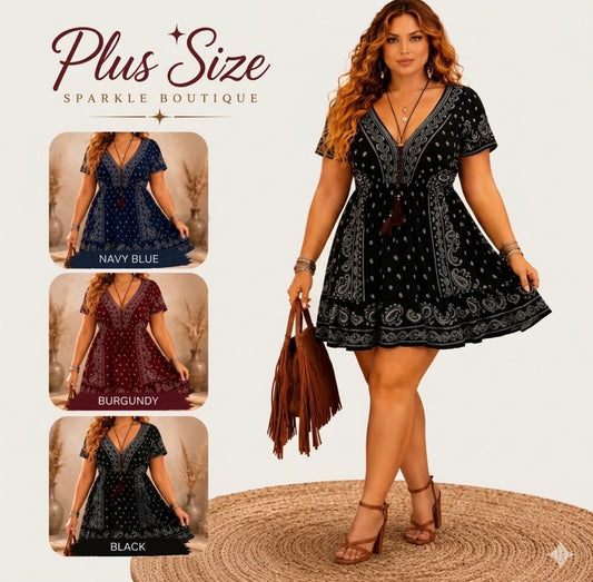 Plus Size Boho Short Sleeve Paisley Print Western Style Mini Dress with V-Neck Short Sleeve Paisley Print