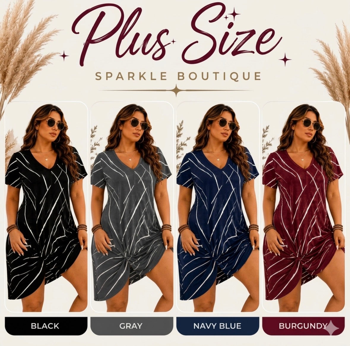 Plus Size Abstract Line V-Neck Twisted Trumpet Style Short Sleeve Dress